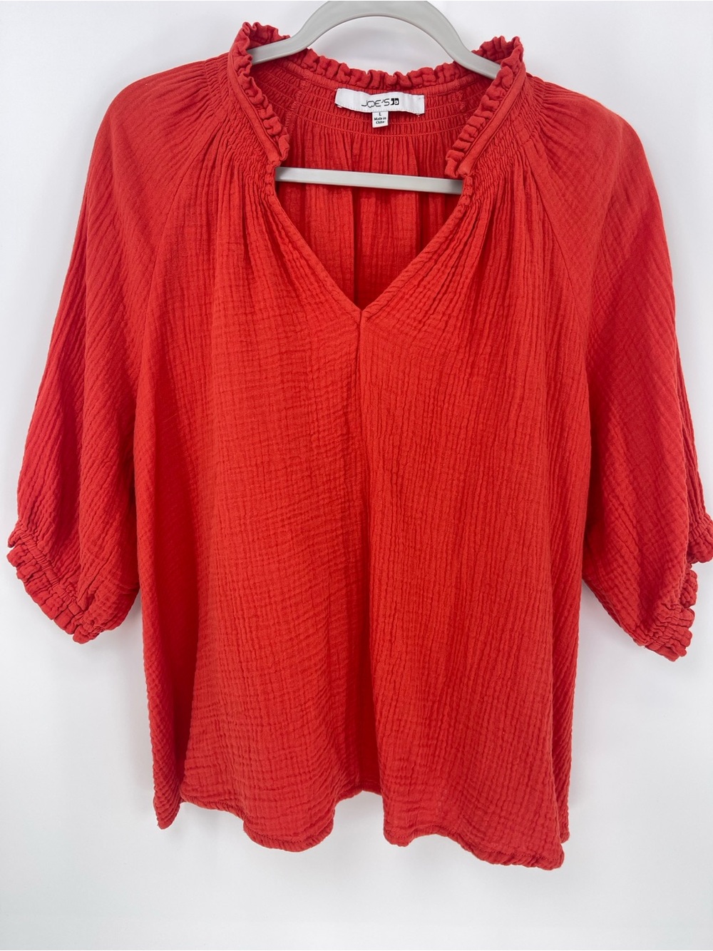 Joe's Jeans Bright Red Gauze V-Neck Tunic with Ruffled Trim